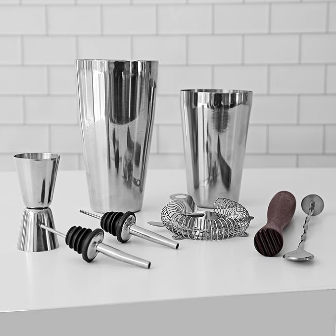 Professional Bartender Kit Cocktail Shaker Set by Toncini | Bartending Tools & Accessories | Stainless Steel Martini Shaker, Strainer, Jigger, Pourers, Muddler, Mixing Spoon, Recipe Book & Velvet Bag