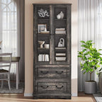 DWVO 76" Storage Cabinets, Freestanding Kitchen Pantry with Adjustable Shelves & Drawers, Farmhouse Glass Display Cabinets Tall Cupboard for Dining Room, Living Room, Dark Rustic