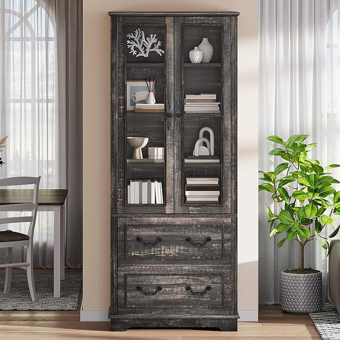 DWVO 76" Storage Cabinets, Freestanding Kitchen Pantry with Adjustable Shelves & Drawers, Farmhouse Glass Display Cabinets Tall Cupboard for Dining Room, Living Room, Dark Rustic