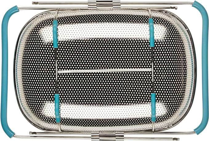 Rachael Ray Tools and Gadgets Over-The-Sink Colander/Strainer, 4.5 Quart, Stainless Steel with Agave Blue Handles