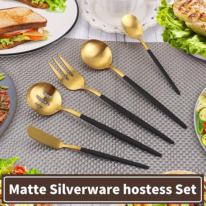 Matte Black Gold Serving Silverware Set, 5-Piece Round Shared Utensils Set of Stainless Steel, Hostess Flatware Serving Set, Satin Finish, Dishwasher Safe