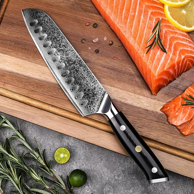 Sunnecko Damascus Chef Knife Japanese Santoku Knife 7 Inch Chopping Knife Vegetables, High Carbon Stainless Steel Knife with Gift Box