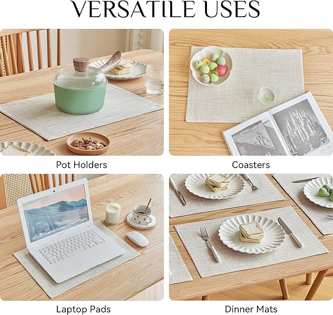 Softalker Faux Linen Placemats Set of 8-12 x 18 Inch, Heat Resistant Double Layered Durable Burlap Farmhouse Place Mats, Non-Slip Washable Rustic Table Mats for Dining, Kitchen, Party（Cream