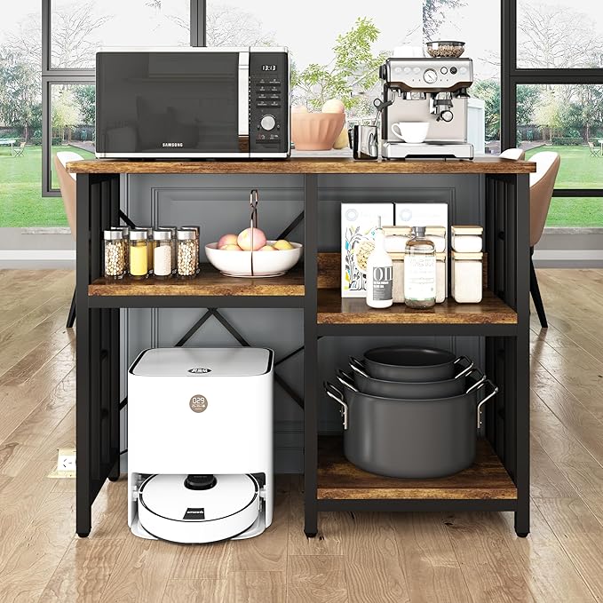4-Tier Kitchen Baker's Rack with Power Outlet, Mini Fridge & Microwave Oven Stand Table, 5 Tiers Coffee Bar Table, 20-29-37 Gallon Fish Tank Stand, Kitchen Organizer Shelf for Spices, Pots and Pans.