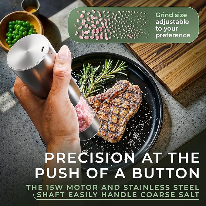 WALDWERK Electric Salt and Pepper Grinder Set (300 mAh Rechargeable Battery) - Salt and Pepper Shakers with Elegant Acacia Wood Stand – Rechargeable Automatic Salt and Pepper Grinder Set