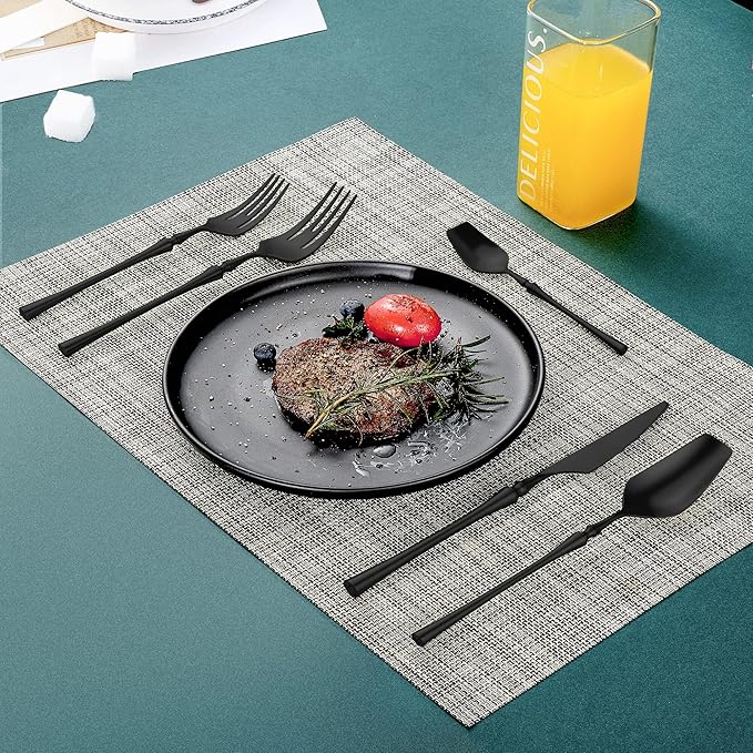 Lemeya 20-Piece Matte Black Silverware Set for 4,Modern 18/10 Stainless Steel Flatware Set,Unique Rustic Cutlery Utensils Set,Spoon and Fork Set for Home, Restaurant,Mirror Polished,Dishwasher Safe