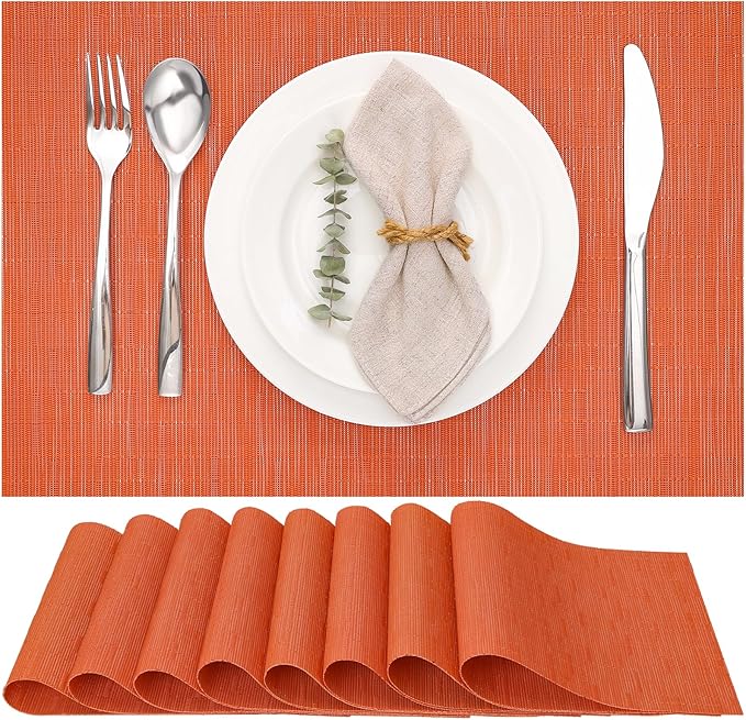 Myir JUN Placemats Set of 8, Vinyl Woven Placemats Place Mats Indoor Set of 8 Washable Table Mats Non-Slip Place mats for Dining Table (Orange, Set of 8)