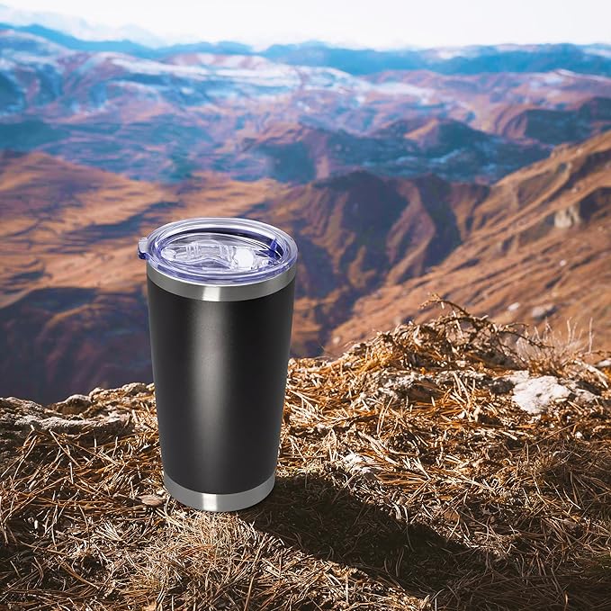 20 oz Tumbler Coffee Tavel Tumblers Bulk with Lid Stainless Steel Double Wall Vacuum Insulated Mug Powder Coated Cups fit Car Cupholder for Hot and Cold - Black, 8Pack