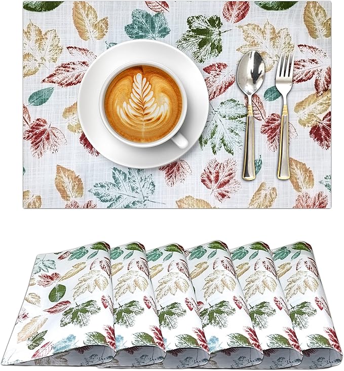 Ruvanti Placemats 100% Cotton 13x19 Inch, Dining Table Placemats Set of 6, Modern Place Mats for Dining Table Decor, Kitchen & Table Linens, Coffee Mat for Christmas Dinners - Stamped Leaves
