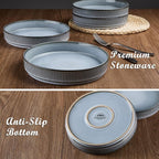 E-far Pasta Bowls Set of 4, 35oz Large Salad Bowl Plate for Dinner Serving Soup, Wide & Shallow Ceramic Stoneware Pasta Plates, Microwave & Dishwasher Safe, Reactive Glaze Textured Stripes, Dusty Blue