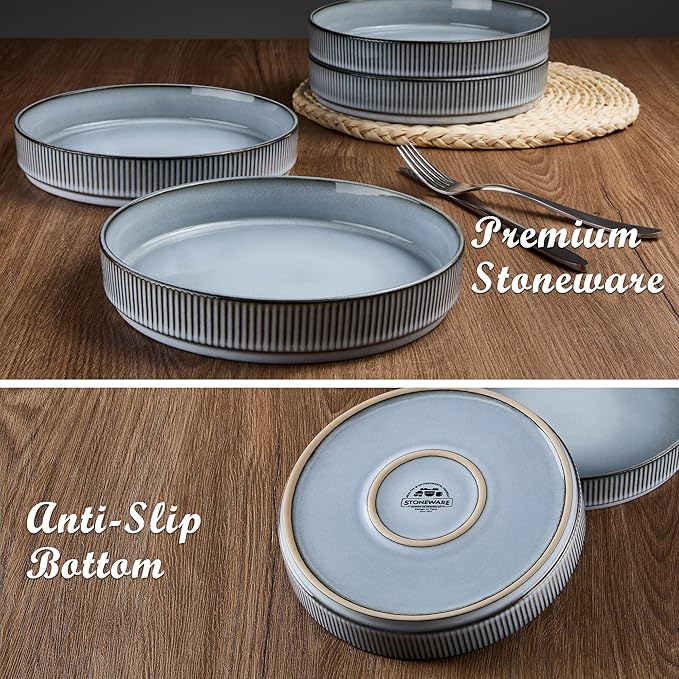E-far Pasta Bowls Set of 4, 35oz Large Salad Bowl Plate for Dinner Serving Soup, Wide & Shallow Ceramic Stoneware Pasta Plates, Microwave & Dishwasher Safe, Reactive Glaze Textured Stripes, Dusty Blue