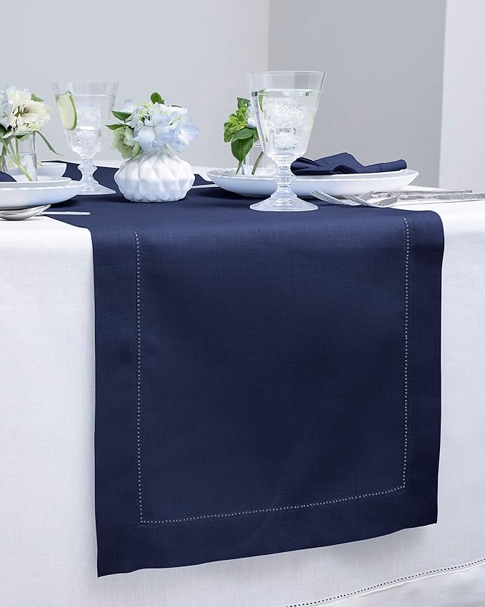 Solino Home Linen Navy Table Runner 72 Inches Long - 100% Pure Linen Hemstitch Table Runner 14 x 72 Inch for Dresser, Dining, Summer, Fall, Autumn, Halloween - Classic Hemstitch