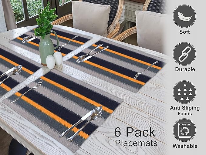Ruvanti Placemats 100% Cotton 13x19 Inch, Dining Table Placemats Set of 6, Modern Place Mats for Dining Table Decor, Kitchen & Table Linens, Coffee Mat for Christmas Dinners - Stripes