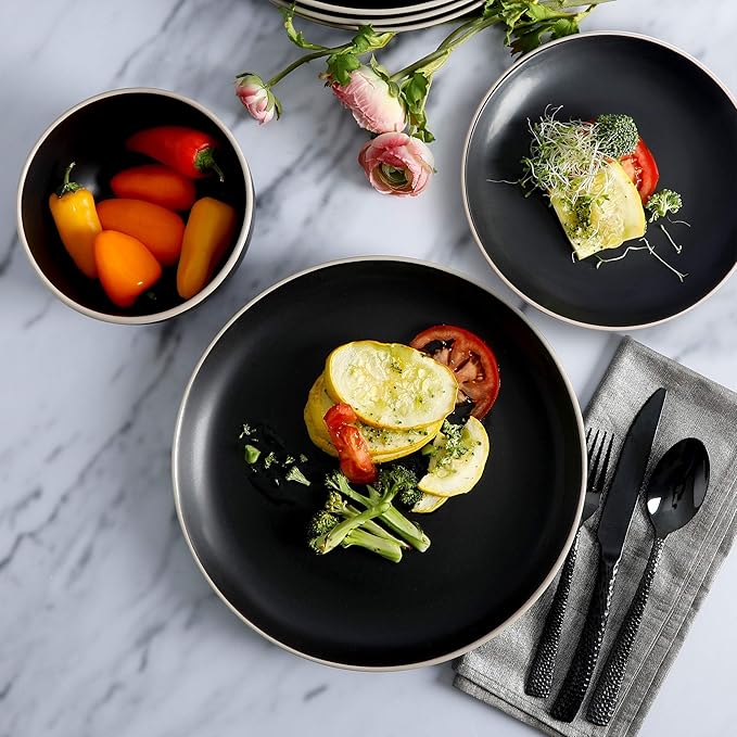 Gibson Home Rockaway 12-Piece Stoneware Dinnerware Set, Service for 4 – Modern Round Plates and Bowls, Dishwasher & Microwave Safe, Black