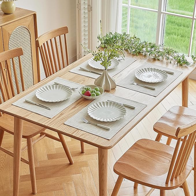 Softalker Faux Linen Placemats Set of 8-12 x 18 Inch, Heat Resistant Double Layered Durable Burlap Farmhouse Place Mats, Non-Slip Washable Rustic Table Mats for Dining, Kitchen, Party（Cream