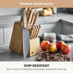 GreenPan Elite 13 Piece Wooden Knife Block Set, Professional Stainless Steel Blades with Titanium Coating, Ultra-Sharp Kitchen Cutlery, Chef, Santoku, Bread & Steak Knives, Ergonomic Wood Handles
