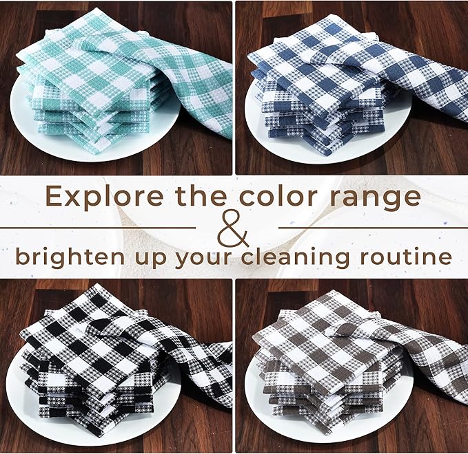 Urban Villa Cotton Dish Cloth Set of 8, Waffle Kitchen Cloth 12x12 Inch Highly Absorbent Soft Dish Cloths for Kitchen Cleaning & Drying Dishes Mitered Corner Dish Towels - Grey White, Buffalo Checks