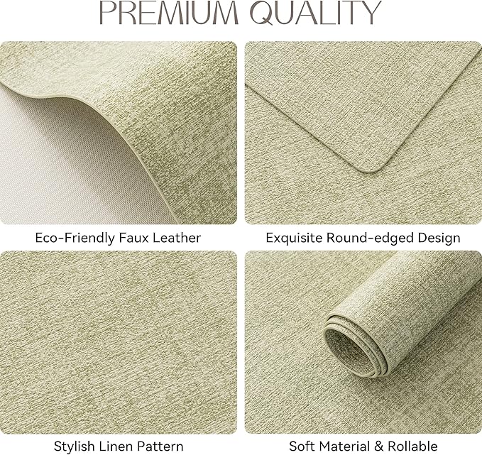 Romanstile Vinyl Placemats Set of 4-12 X 18 Inch - Heat Resistant Place Mats 100% Waterproof Oilproof Wipeable Reversible Faux Leather Table Mats for Kitchen/Dining/Party/Outdoor, Grass Green