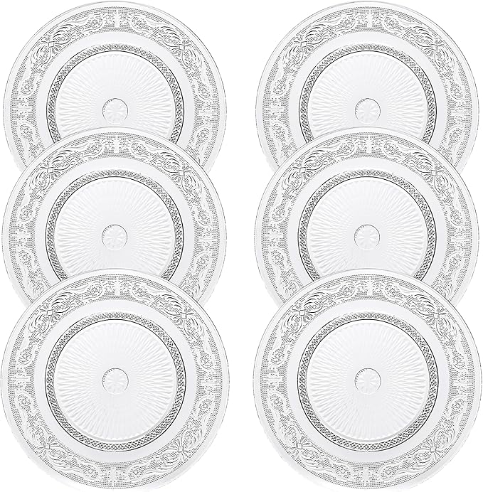 Khen Art Deco Vintage Crystal Glass Plates, Set of 6, 10.5' Dinner Plates - Dessert, Server Appetizer Plate, Snack Fruit, Side Serveware, Dishwasher Safe, 100%, Borosilicate Glass