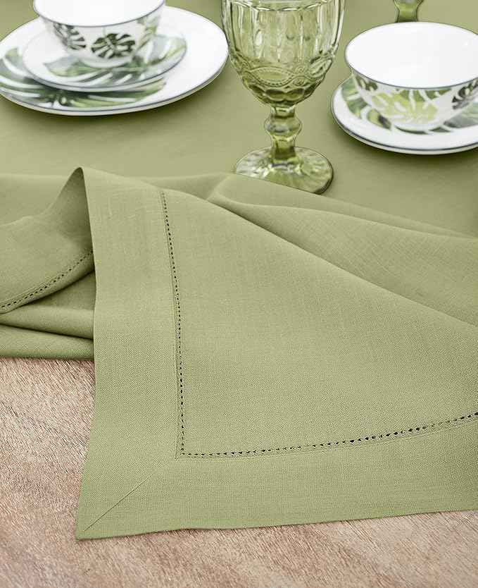 Solino Home Linen Tablecloth 60 x 90 Inch - Classic Hemstitch 100% Pure Linen Moss Green Table Cloth for Rectangle Tables - Machine Washable Tablecloth for Summer, Fall, Autumn