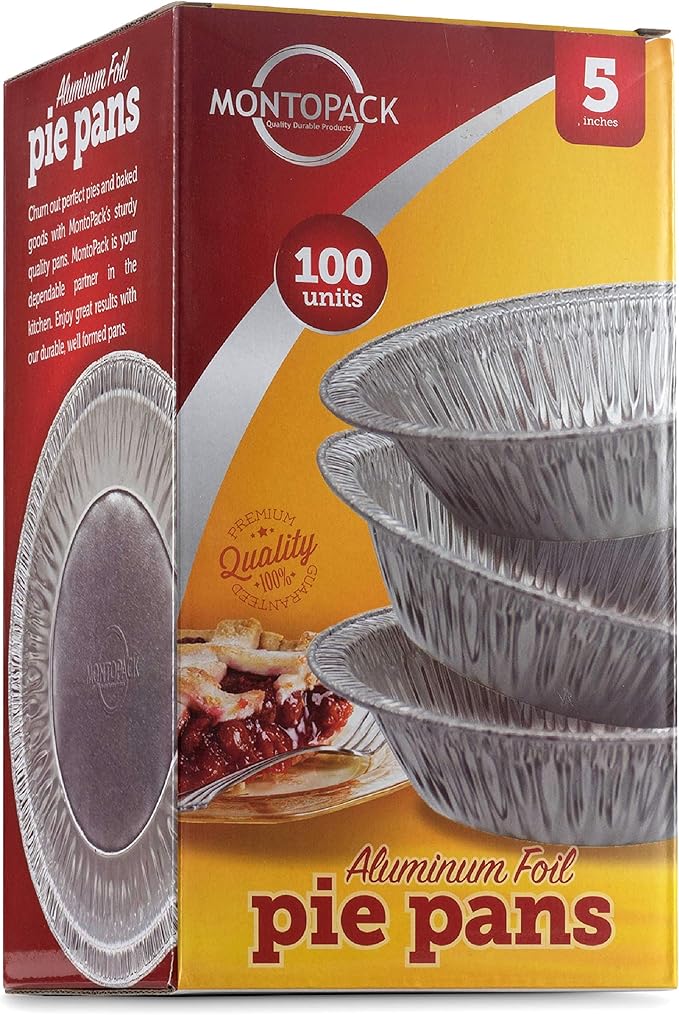 MontoPack Disposable 5" Aluminum Foil Pie/Tart Pans (100 Pack) | 5 Inch Round Cake Pan for Baking Personal Mini Pies, Homemade Cakes & Quiche | Oven Safe Foil Tins Easily Stack & Store Freeze & Reheat