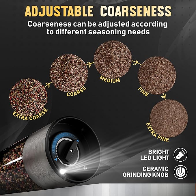Pure Nature Electric Rechargeable Salt and Pepper Grinder Set with tray: Premium quality with upgraded larger capacity and LED Lights, 5 Adjustable Coarseness, Refillable, Type-C Fast Charging.