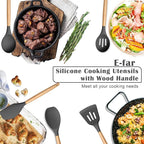 E-far Silicone Cooking Utensils Set, 5-Piece Kitchen Utensils Set with Wooden Handle for Cooking, Silicone Kitchen Nonstick Tools Spatula Turner Slotted Spoons, Nontoxic & Heat Resistant-Gray