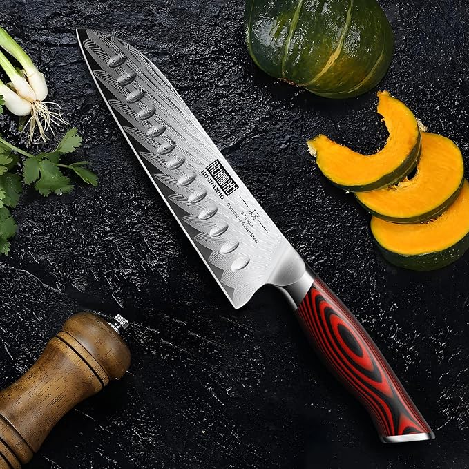 Damascus Santoku Knife, 7 Inch Professiona Kitchen Knife, Damascus Super Steel Ultra-Sharp Santoku Chef Knife with Ergonomic G10 Handle