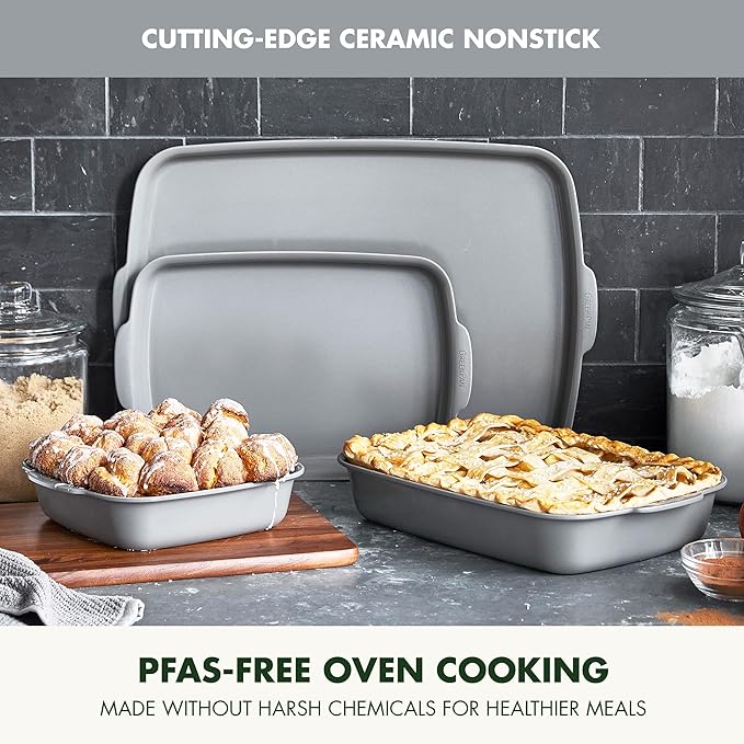 GreenPan Premiere Ovenware Healthy Ceramic Nonstick 4 Piece Bakeware Set, PFAS-Free, Rectangular, Square, Quarter, Half Sheet Baking Pans, Warp-Free, Oven Safe to 600F, Dishwasher Safe, Gray