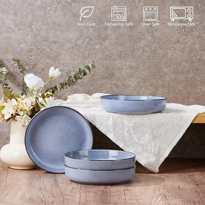 E-far Pasta Bowls Set of 4, 35oz Large Salad Bowls for Serving, Wide and Shallow Ceramic Plates for Kitchen, Double Reactive Glaze, Microwave and Dishwasher Safe, Ocean Blue