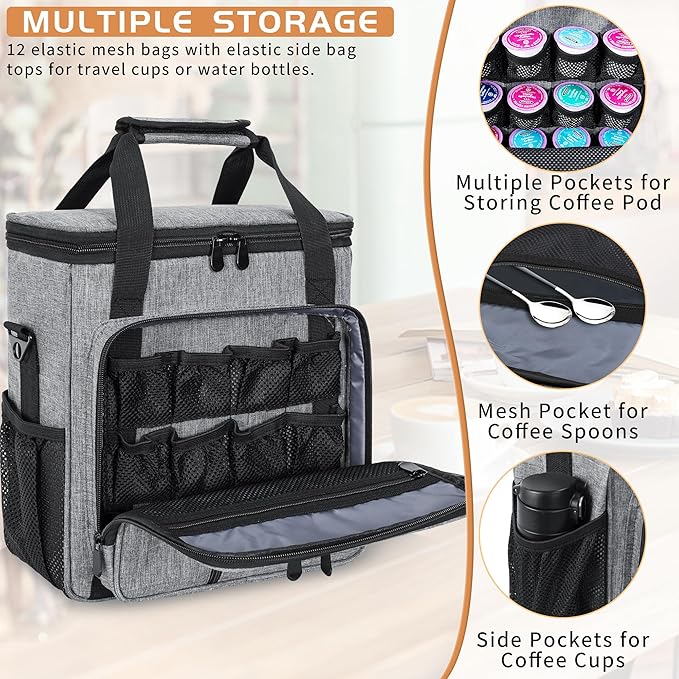 Coffee Maker Carrying Bag Compatible with Keurig K-Mini or K-Mini Plus, Single Serve Coffee Brewer Portable Storage Bag with Extra Pockets, Storage Tote Case With Shoulder Strap