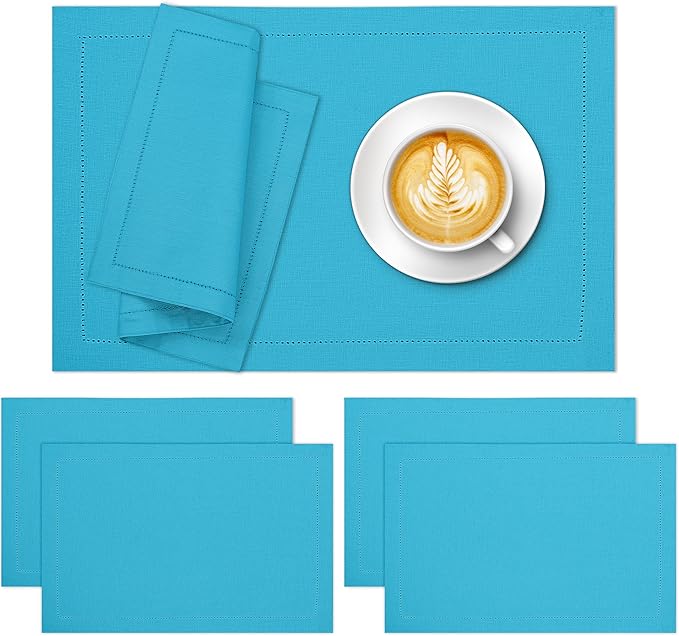 Ruvanti Linen Placemats Set of 6-13x19 Inch, Classic Hemstitch, Heat ‎Resistant Machine Washable Place Mats, Soft & Elegant- Perfect for Christmas, ‎Thanksgiving, Easter, Weddings, Dinner - Blue