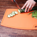 Silicone Thick Cutting Boards Mats Set of 3pcs Foldable & Flexible Design Juice Grooves Easy Grip Handle Dishwasher Safe for Kitchen,BPA free Chif-Orange