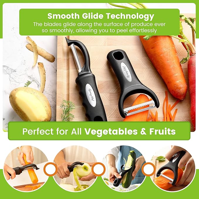 Spring Chef Swivel & Vegetable Julienne Peeler Set for Kitchen with Stainless Steel Sharp Blades - Potato Peelers with Soft Grip Handles & Blade Covers - Perfect for Carrot, Zucchini, Cucumber - Black