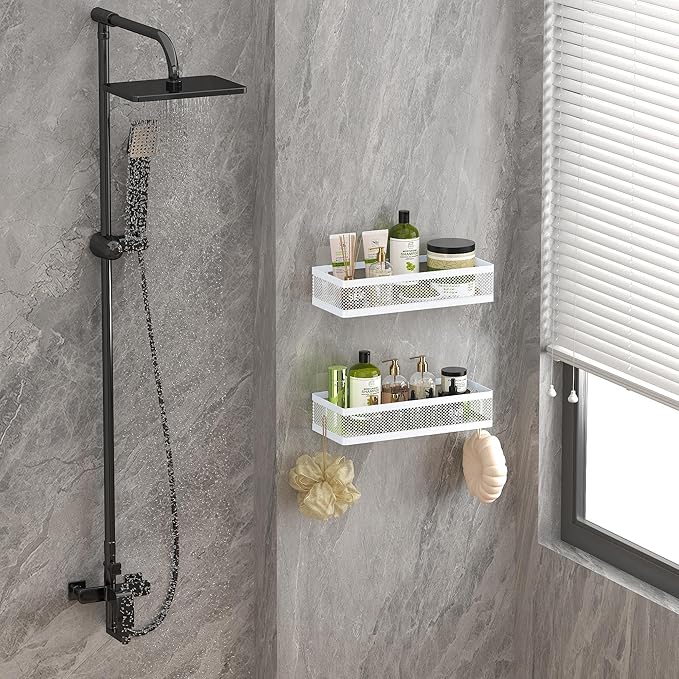 PUSDON Hanging Storage Baskets Organizer Wall Mount, Metal Wire Storage Bin Rack for Kitchen Bathroom Shower Spice Shelf Home Decor Essentials White-2 Packs (Netting)