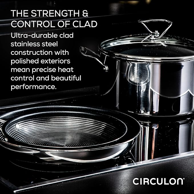 Circulon Clad Stainless Steel Induction Frying Pan and Wok Set with Hybrid SteelShield and Nonstick Technology, 4 Piece - Stainless Steel