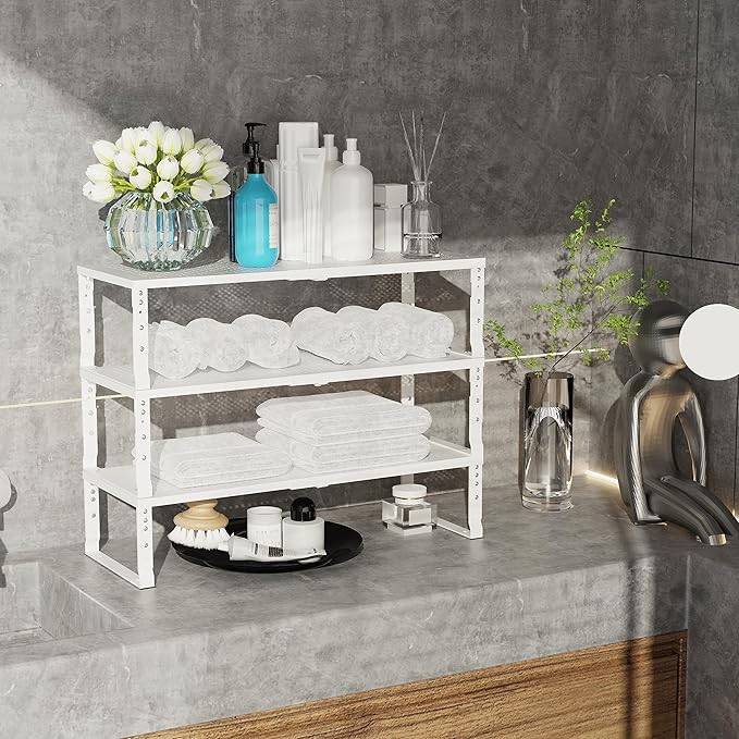 Expandable Adjustable Stackable Kitchen Organizer, Spice Rack,Metal Pantry Storage Shelves Racks,Counter Shelf for Cabinets, Countertop, Cupboard(1 Pack/Large/White)