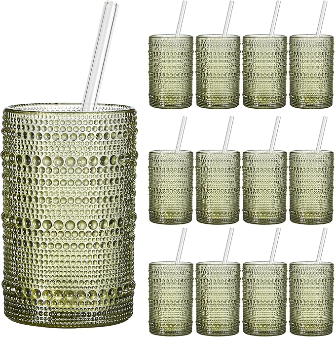 Vintage Hobnail Drinking Glasses Set of 12 (15oz) – Embossed Green Textured Tumblers, Non-Slip, Dishwasher Safe for Cocktails, Whiskey, Bar & Kitchen Cups
