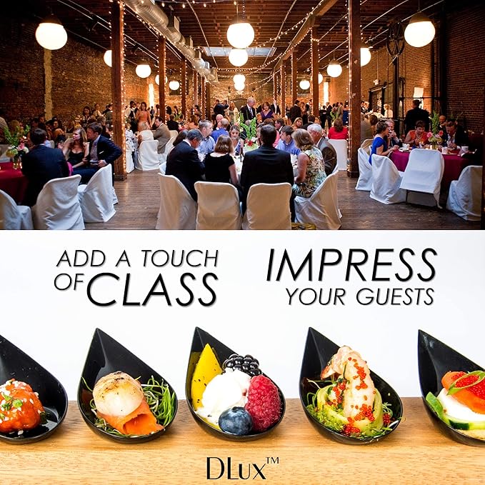 DLux 100 4-in Tear Drop Mini Appetizer Plates with Forks,Reusable Black Plastic Spoons - Desserts and Appetizers Dishes Serving Plate - Asian Spoon Set, Small Catering Dessert Tasting Cups