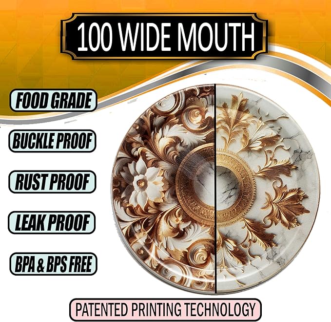 Supa Ant Wide Mouth Canning Lids (100pcs) Decorative Tin Canning Lids Wide Mouth (Marble & Gold) Buckle Proof and Rust Proof - Perfect Fit Can Lid for Mason Jars Canning Supplies