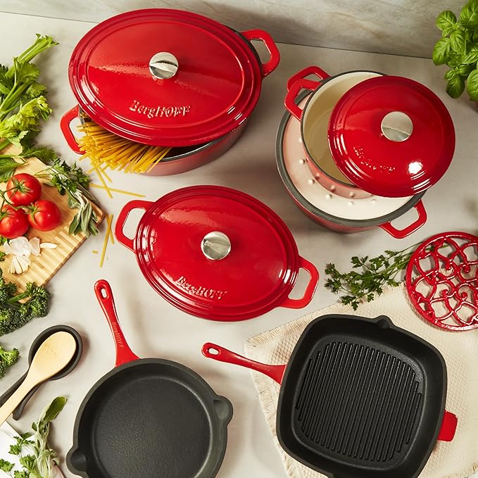 BergHOFF 10Pc Neo Enameled Cast Iron Cookware Set, Matching Lid, Oven Safe Up To 400°F, Red