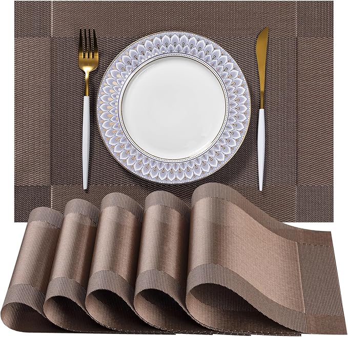 LEXMORE PlaceMats Set of 12 Vinyl/Plastic Woven Place Mats for Kitchen Table Indoor/Outdoor Washable PlaceMat Wipeable Dining Table Mats(Brown Cube)