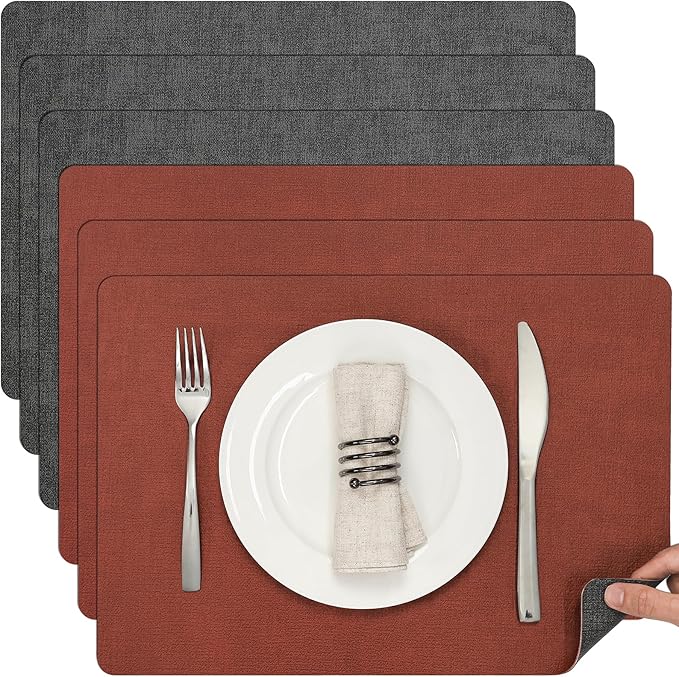 Myir JUN Placemats Dual Sided, Faux Leather Place Mats Set of 6 Indoor for Dining Table Non-Slip Washable Wipeable Heat Resistant Outdoor Table Mats (Gray Terracotta, Set of 6)