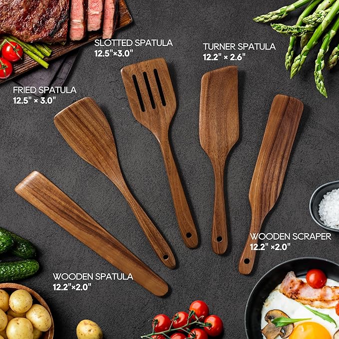 5 PCS Wooden Spatula Set, Natural Teak Wooden Spoons for Cooking, Nonstick Cookware Safe Kitchen Utensils Set, Durable & Elegant Cooking Utensils Gift Set