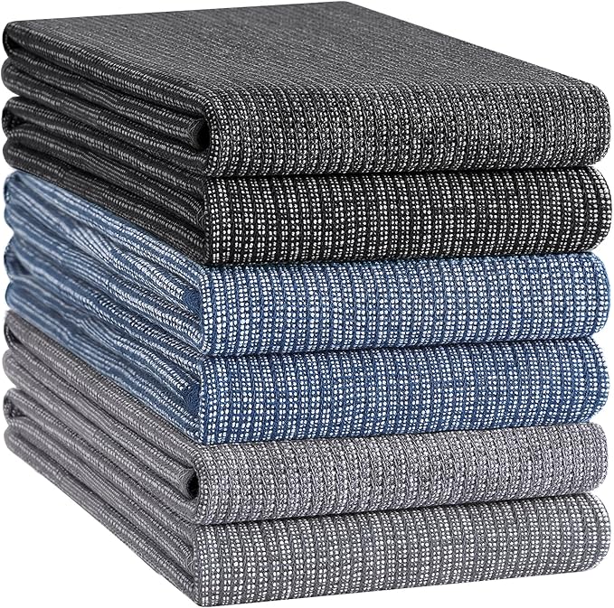 Homaxy Premium Kitchen Towels(18”x 28”, 6 Pack), Large Cotton Kitchen Hand Towels, Flat and Terry Dish Towels, 380 GSM Highly Absorbent Tea Towel Set with Hanging Loop, Navy Blue/Grey/Black
