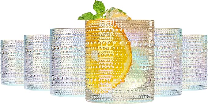 Hobnail Beaded Lowball Drinking Tumbler Glasses | Set of 6 | Clear, Vintage Bubble Design Whiskey Glassware, Old-Fashioned, Embossed Design, Water, Wine, Cocktail Embossed Heavy Glass, Rocks Glass