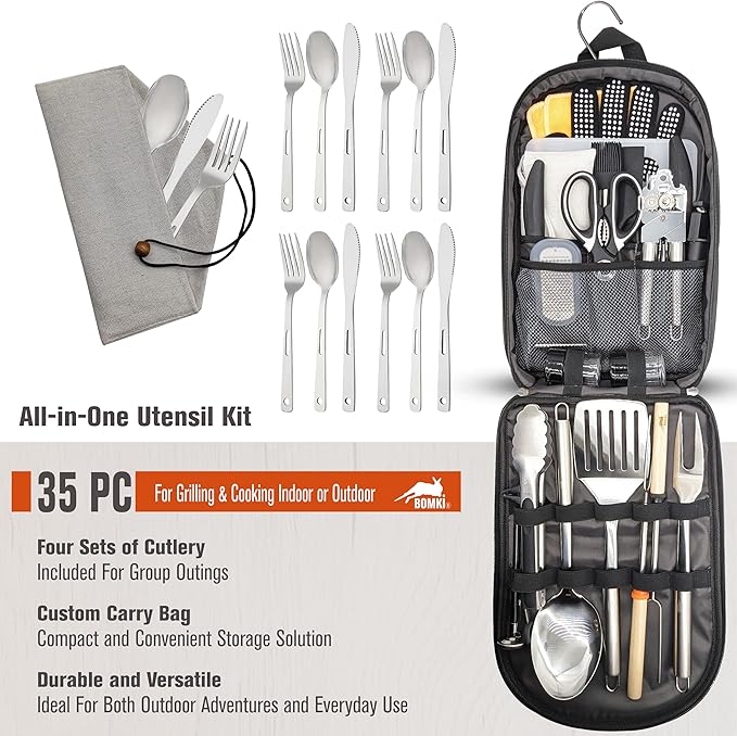BOMKI Grilling & Camping Cooking Utensils - BBQ & Camping Kitchen Set - Cookware Accessories - Black Pro