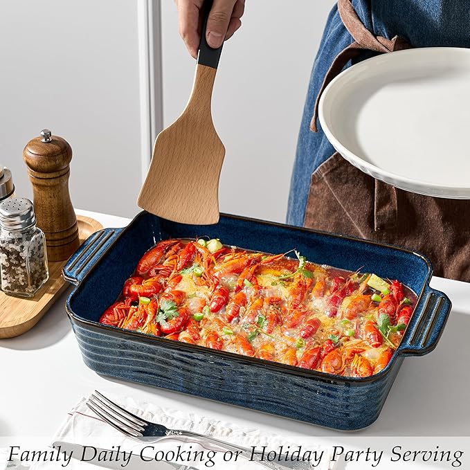 Kiln-Transformed Blue Ceramic Baking Dish Set of 3, Casserole Dishes for Oven, Square Porcelain Bakeware Set with Handles, Lasagna Baking Pan for Cooking, Perfect for Baking and Serving, Housewarming, Halloween, Thanksgiving, Christmas, New Year