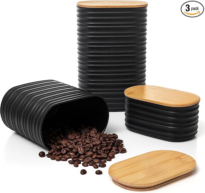 Mixpresso Black Canisters Sets for the Kitchen – 3-Piece Airtight Plastic Sugar Container Set with Bamboo Lids in Three Different Sizes – Decorative Modern Storage Jars for Coffee, Tea & Countertops