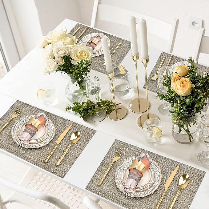 Placemats Set of 4 - Easy Clean Washable Vinyl Placemats - Wipeable Heat Resistant Table Mats for Dining Table - 17.7x11.8 Inch (4, Gray & Gold Two-Tone)